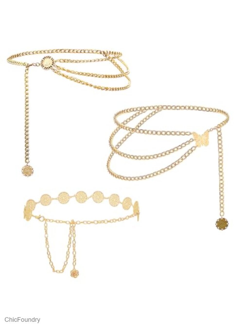 3 Pcs Gold Plated Waist Chain Body Jewelry Boho Belt Set with Clover Butterfly